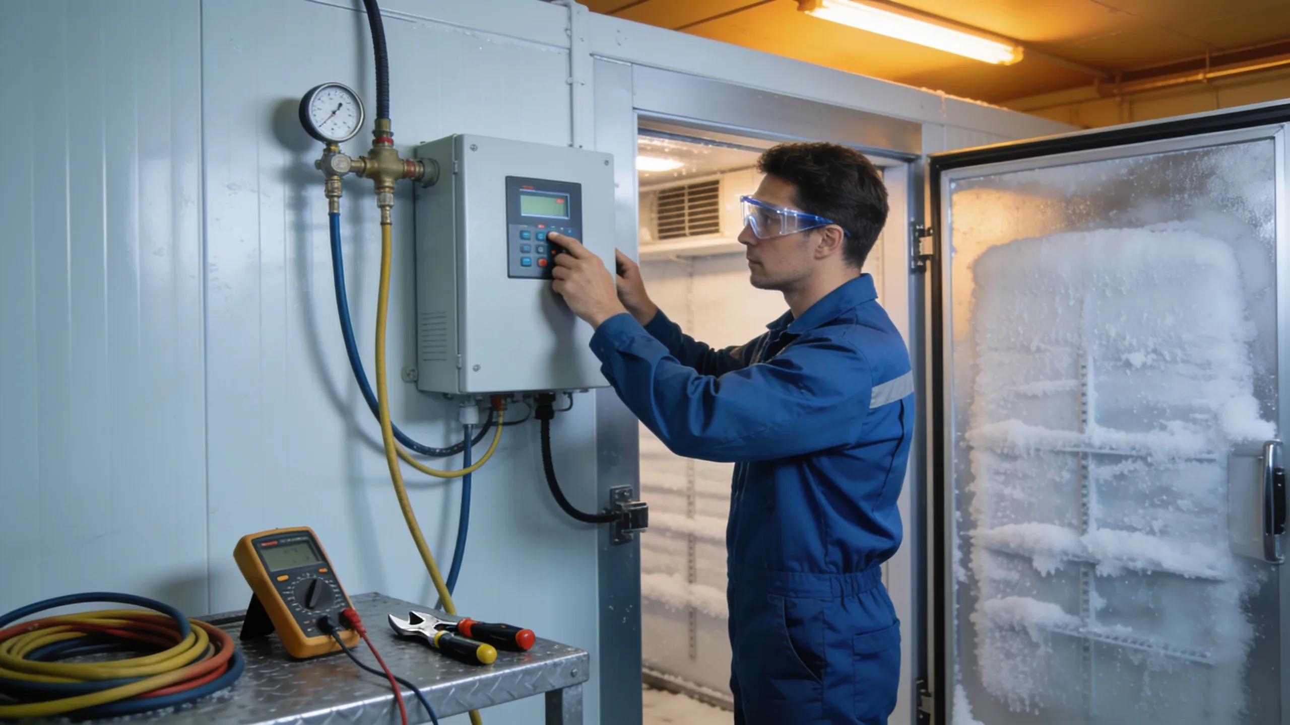 HVAC technician adjusting the refrigeration system for walk-in freezer efficiency