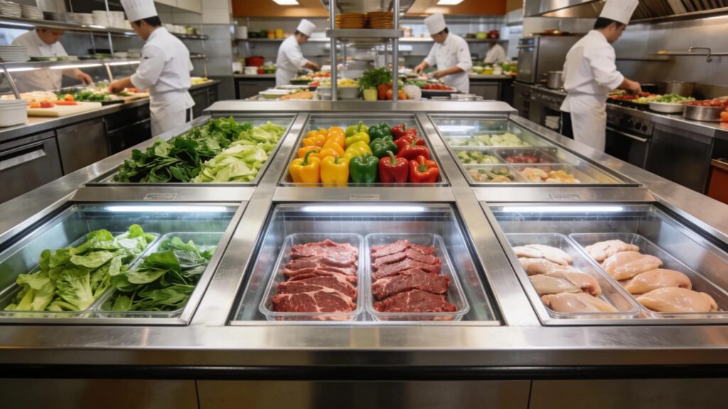 Commercial refrigeration units showcasing fresh produce and meats in a bustling kitchen environment