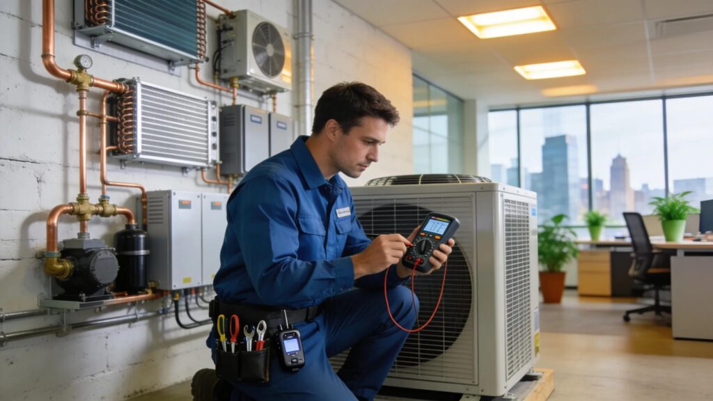 Commercial HVAC technician servicing a modern HVAC system in an office