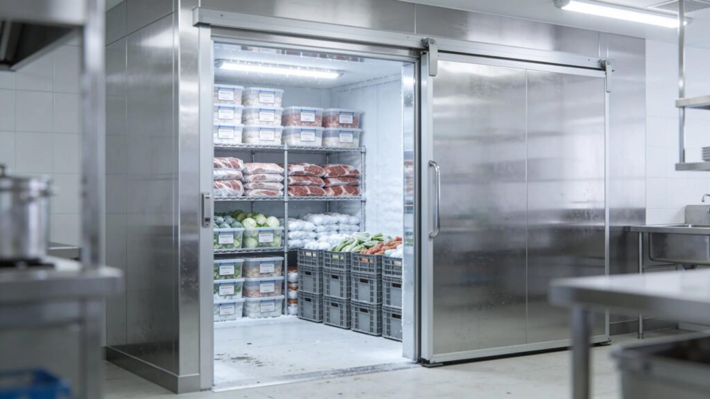 Walk-in freezer in a commercial kitchen showcasing organized food storage