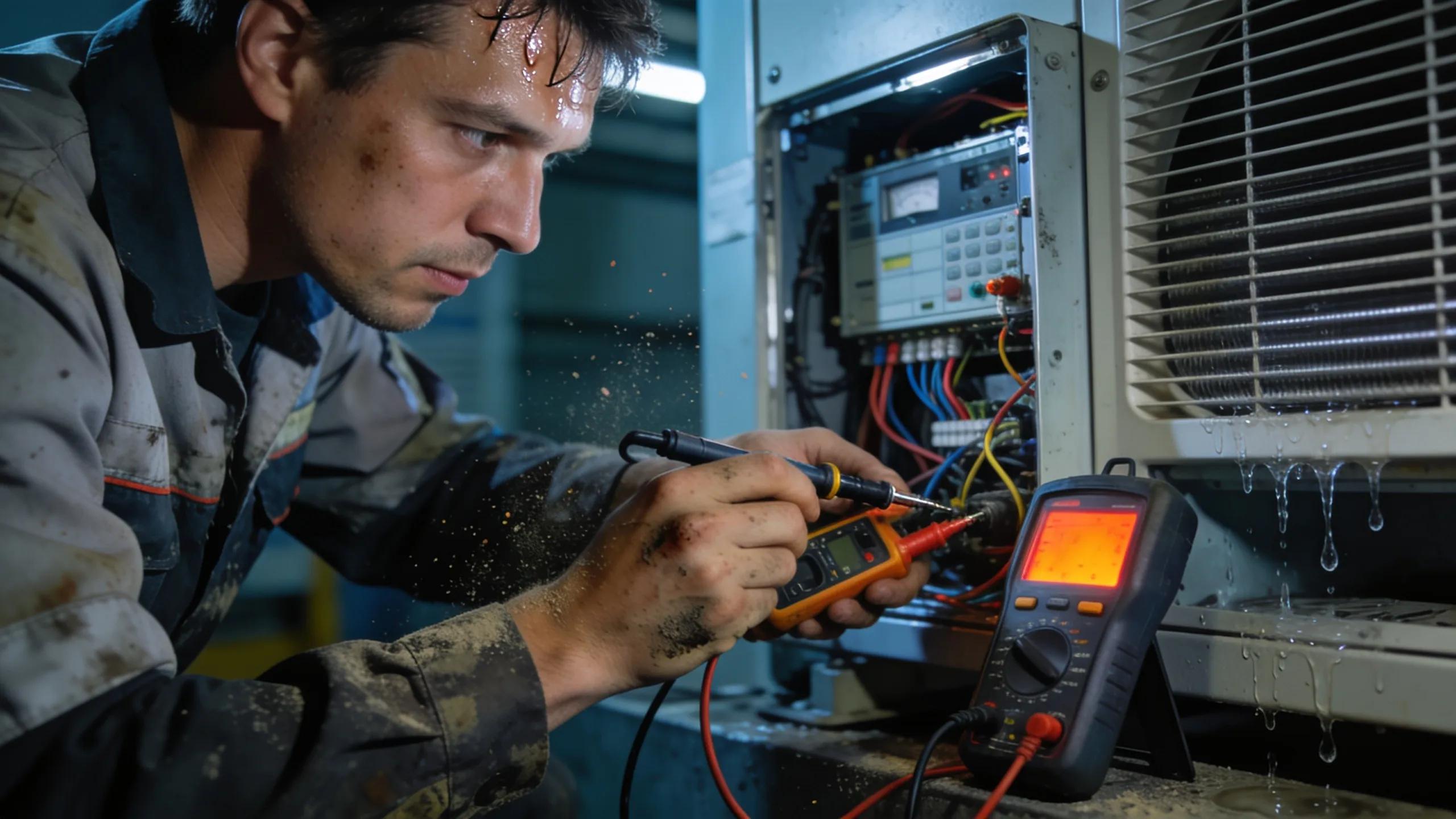 Technician diagnosing emergency HVAC repair in a commercial setting