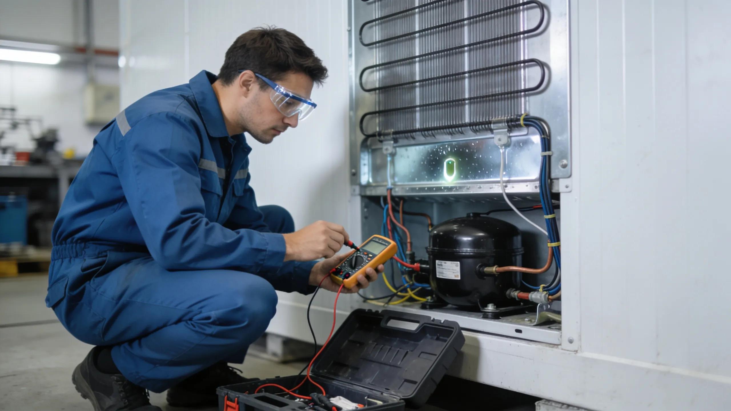 Technician inspecting a walk-in freezer compressor for repair needs