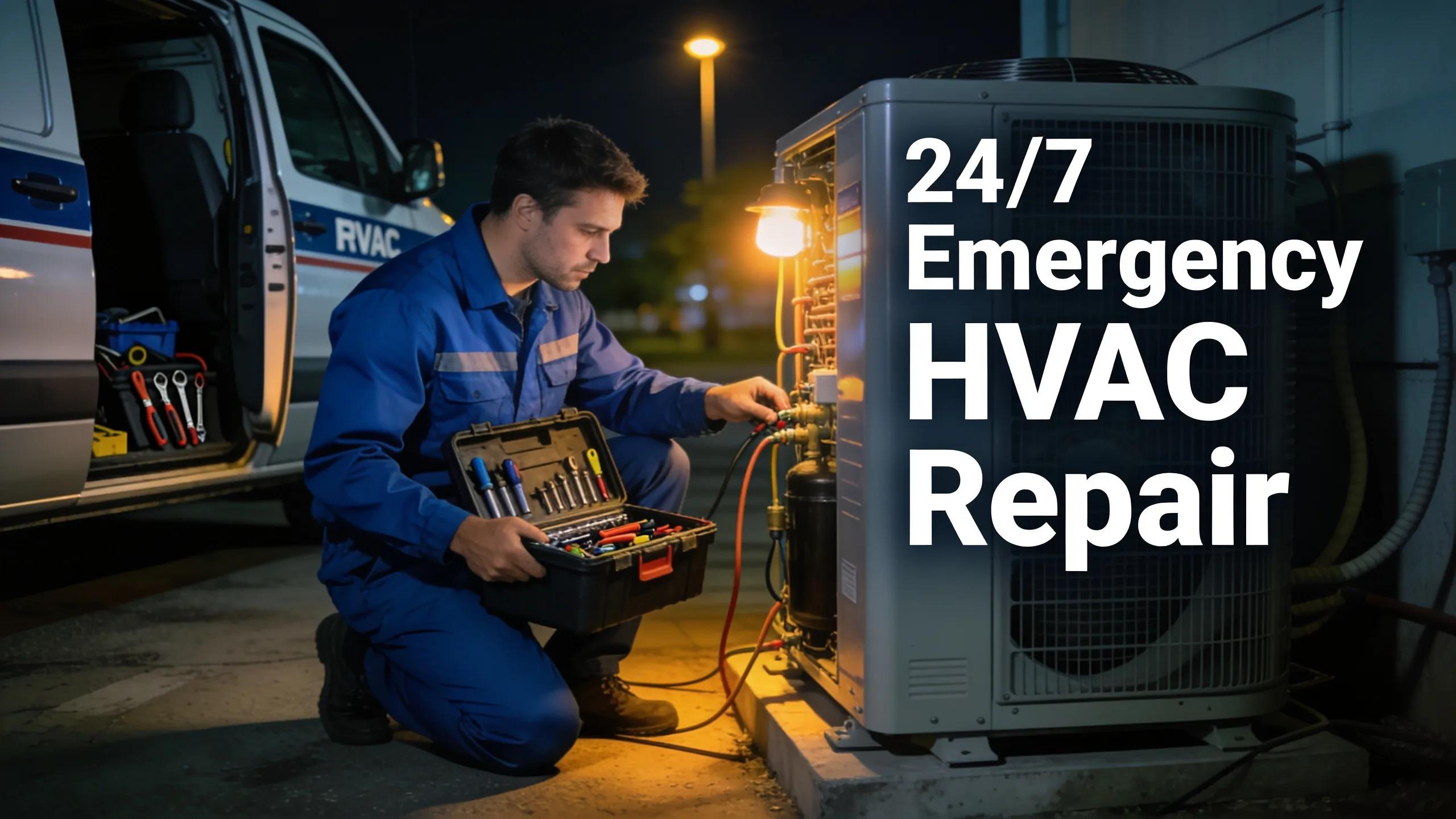 Technician preparing for emergency HVAC repair, illustrating 24/7 service commitment