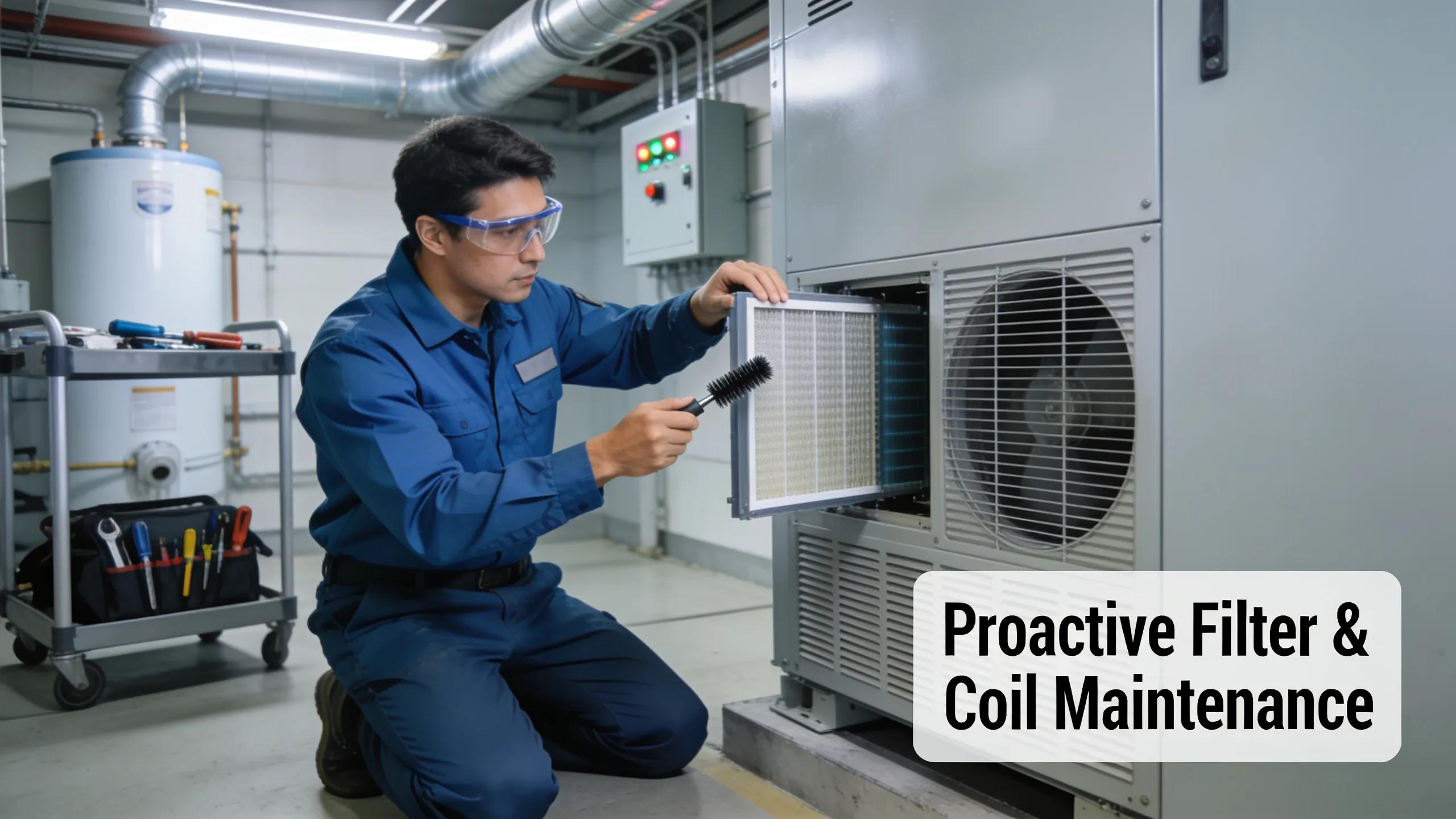 Technician performing preventive maintenance on a commercial HVAC system