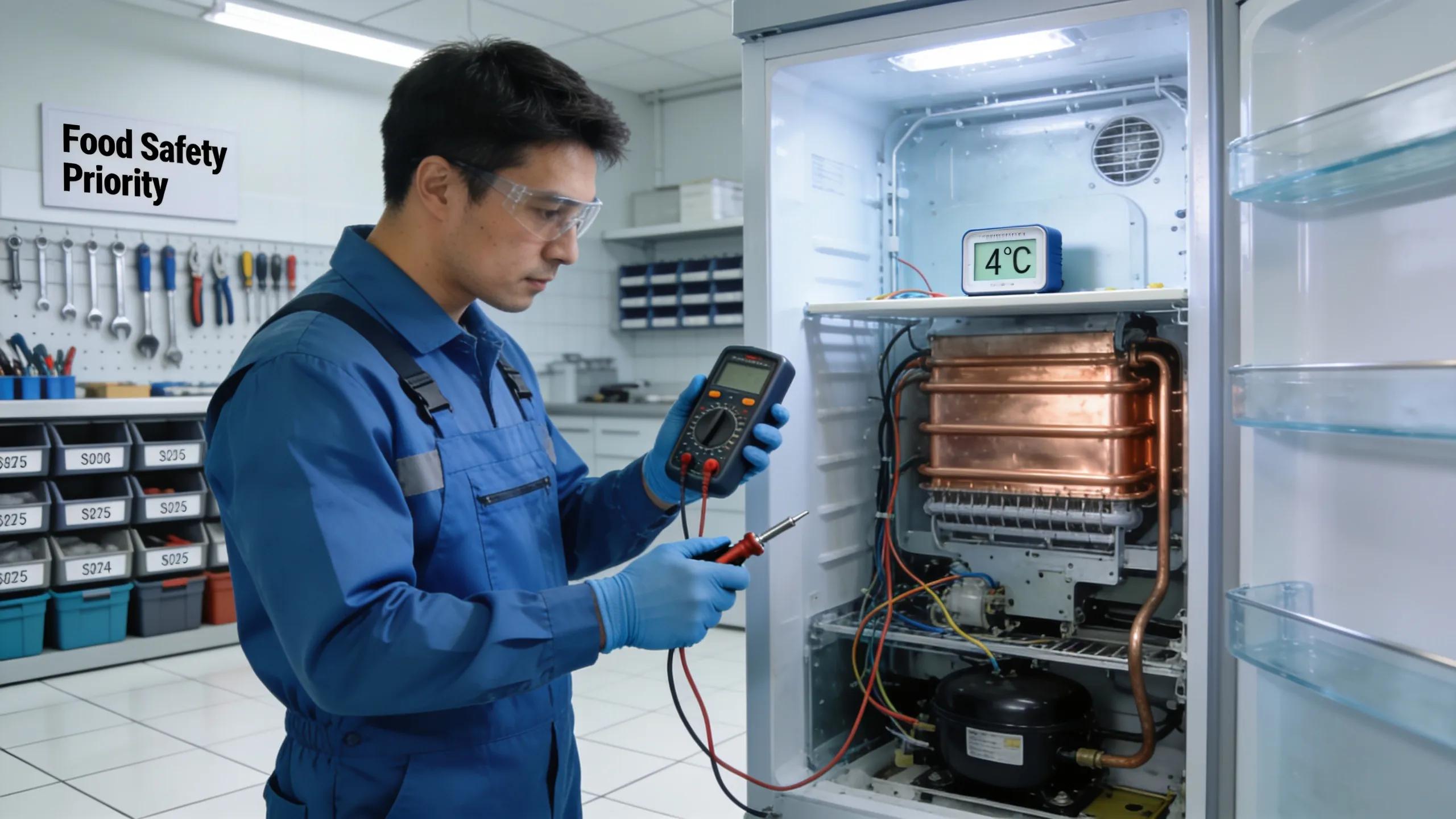 Technician inspecting a commercial freezer, highlighting maintenance for food safety and efficiency