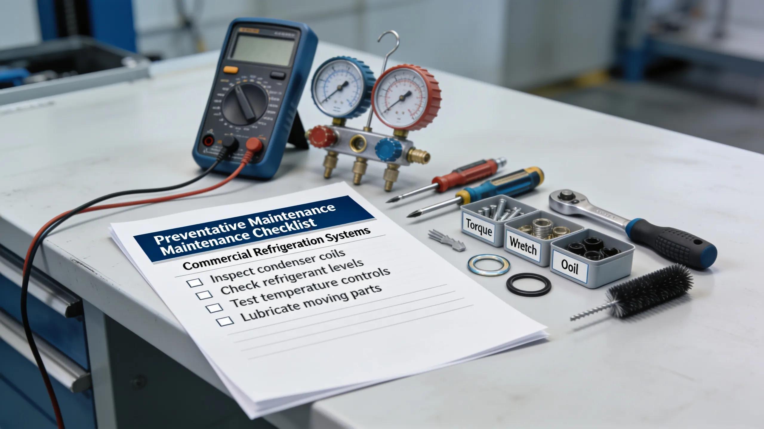 Maintenance checklist and tools arranged for commercial refrigeration preventative maintenance
