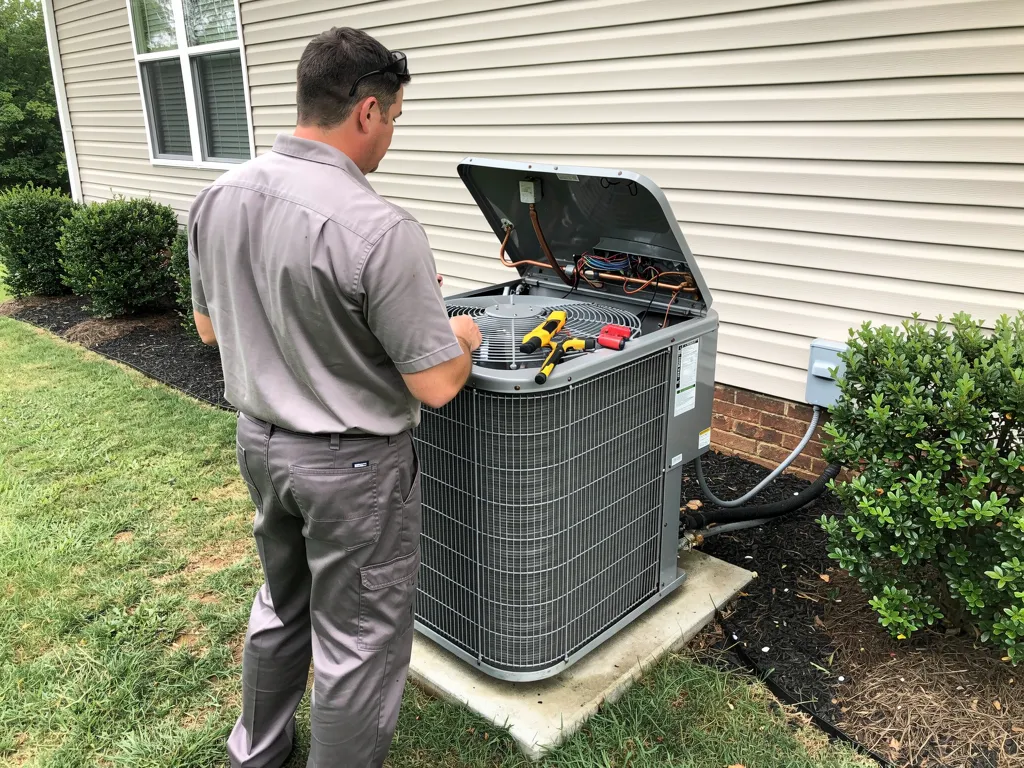 HVAC technician inspecting an air conditioning unit in a Kingsport home