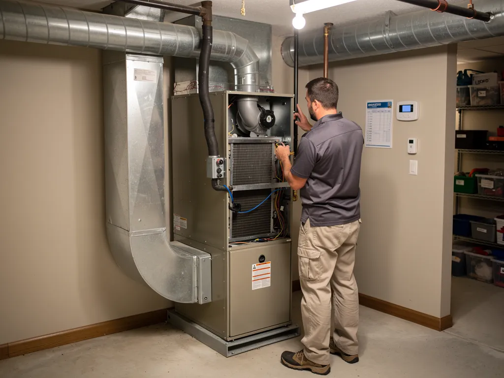 Technician performing routine HVAC maintenance on a Kingsport residential system